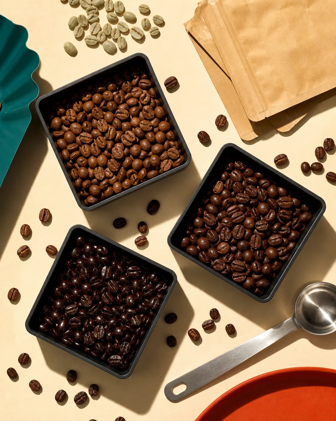 Coffee roast samples, whole beans, and cupping tools arranged on a cream surface.