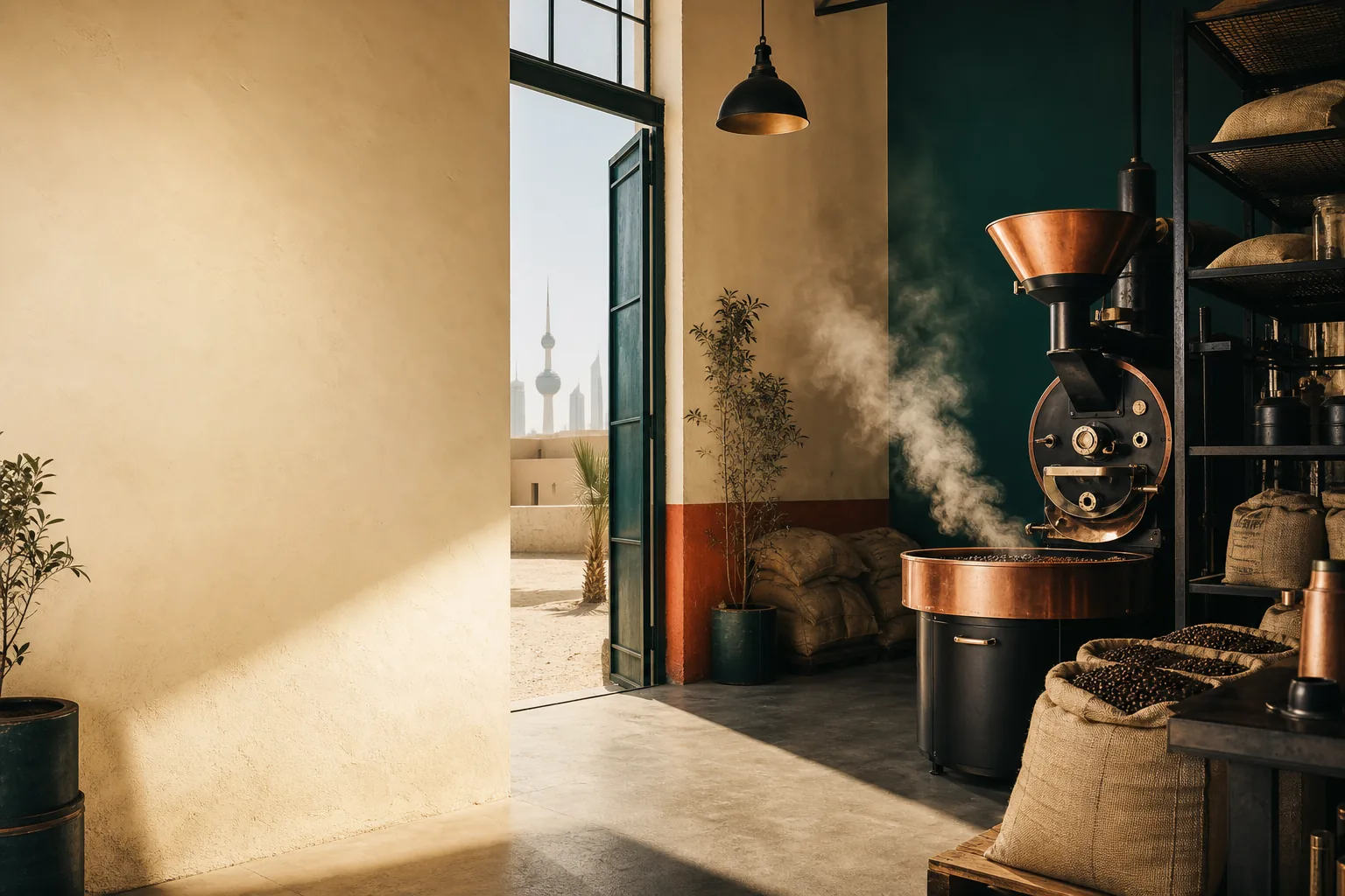 Sunlit interior of a specialty coffee roastery in Kuwait.