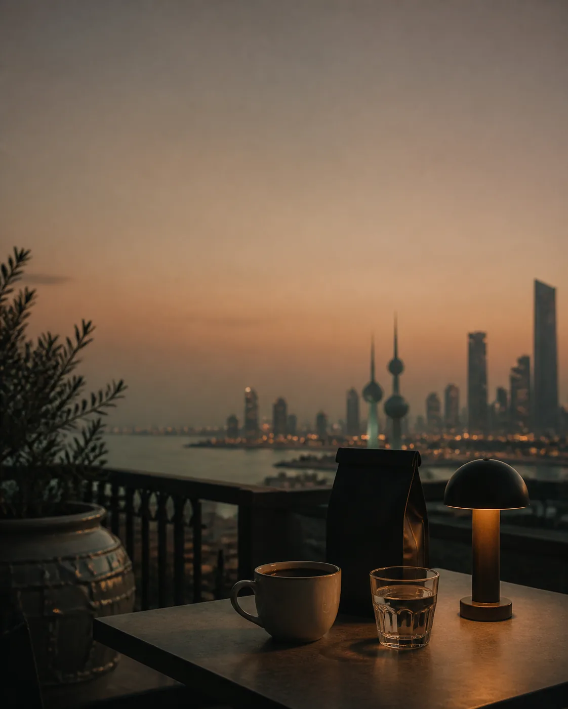 Coffee on a balcony overlooking Kuwait at dusk.