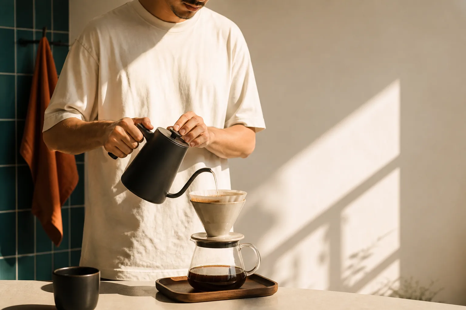 Person preparing pour-over coffee in a sunlit kitchen.