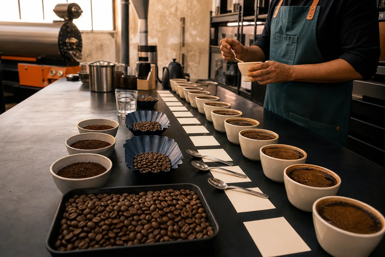 Coffee cups and tools arranged for a roastery cupping session.