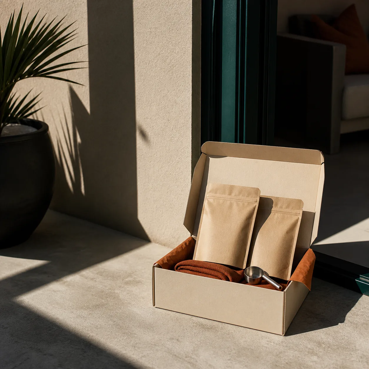 Unbranded coffee subscription box with coffee bags on a sunlit doorstep.